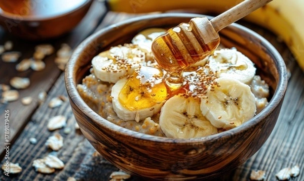 Fototapeta Oatmeal breakfast bowl with banana slices and honey drizzle for healthy eating