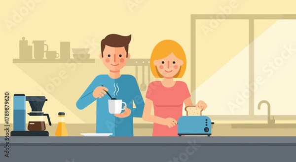 Obraz This cheerful flat design illustration shows a couple in a bright kitchen, collaboratively preparing breakfast by making coffee and toast. It symbolizes partnership and a happy start to the day.