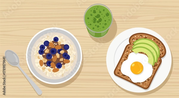 Fototapeta This crisp flat design illustration showcases a selection of healthy breakfast options, including oatmeal, a green smoothie, and avocado toast. It represents nutritious and mindful eating choices.