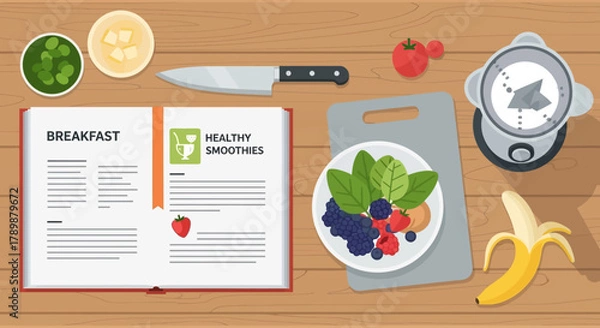Fototapeta An instructional flat design illustration displaying an open cookbook with a breakfast recipe for healthy smoothies, surrounded by fresh ingredients.