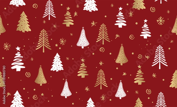 Fototapeta Christmas tree pattern on red background, Hand drawn illustrations.	
