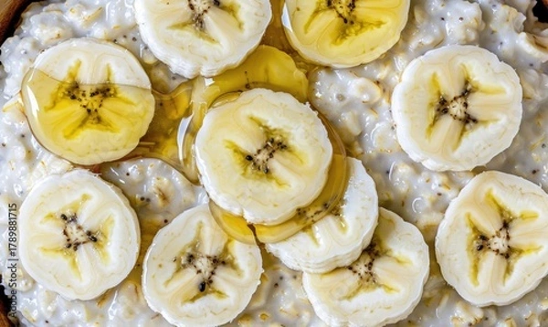 Fototapeta Oatmeal porridge with banana slices and honey drizzle top down close up