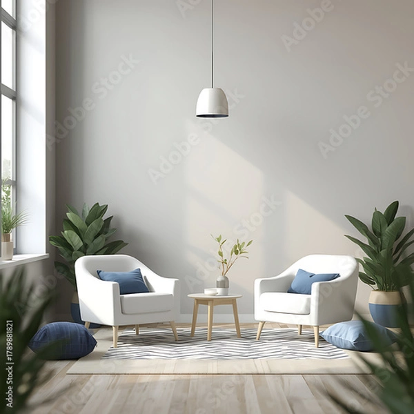 Fototapeta Minimalist living room featuring white armchairs complemented by blue accent decor, exemplifying modern simplicity.