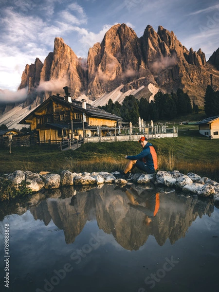 Fototapeta man sitting at mountain lake in the dolomites