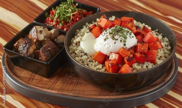 Fototapeta Overhead bowl of healthy food with red pepper cubes and grain