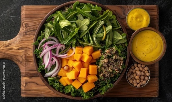 Fototapeta Overhead shot of colorful vegan salad with butternut squash and greens