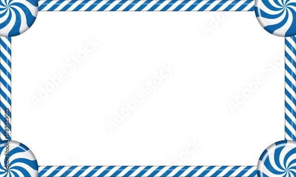 Fototapeta Rectangle candy cane frame with blue and white striped lollipop pattern. Vector illustration
