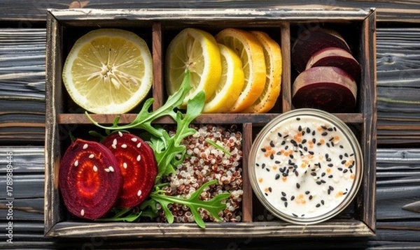 Fototapeta Overhead food arrangement with lemon beet salad and sauce in box