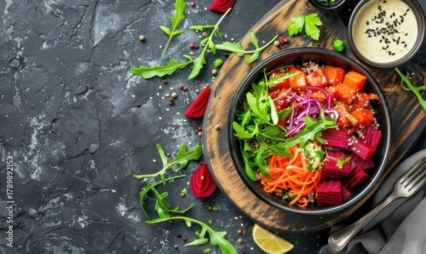 Fototapeta Overhead view of colorful vegan bowl with vegetables and sauce