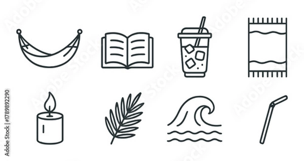 Obraz Relaxation icons: hammock, book, drink, candle, wave, straw, leaf, rug