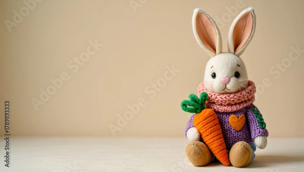 Obraz Cute Easter Bunny with Carrot Toy in Knitted Clothes on Beige Background, Generative AI