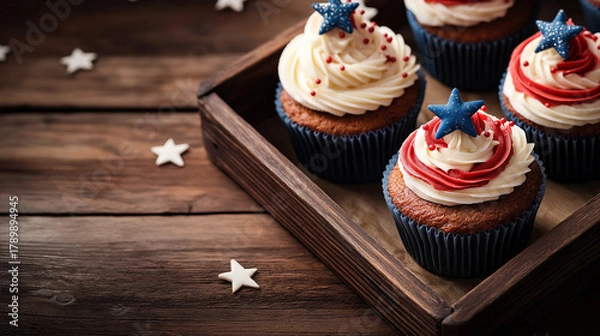 Obraz Cupcakes with patriotic frosting and stars on wooden surface