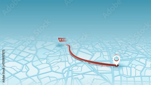 Fototapeta 3D Navigation Route on Stylized City Map with Travel Time Indicator and Destination Pin. Vector illustration.
