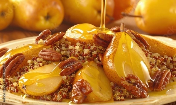Fototapeta Pear quinoa salad with honey and pecan nuts healthy and delicious food