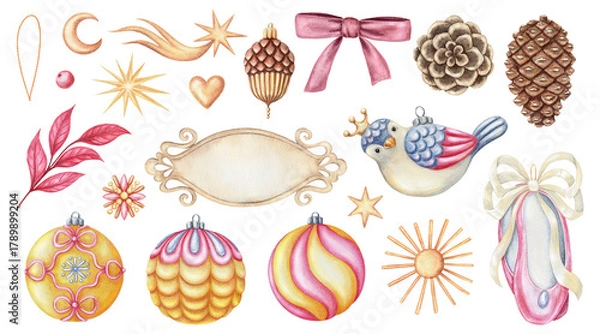 Fototapeta Magic Christmas tree ornament set of bird with ball and pine cone. Hand drawn in watercolor with sparkling pencil texture. Pink and green whimsical art. Perfect for greeting card and seasonal design.