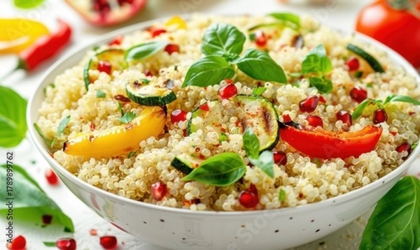 Fototapeta Quinoa salad with grilled vegetables and pomegranate seeds close up