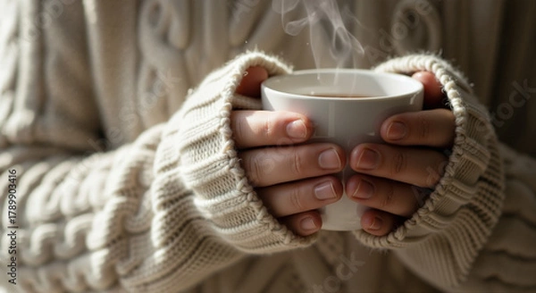 Obraz Close-up of hands holding a warm cup of tea or coffee while wearing a cozy sweater