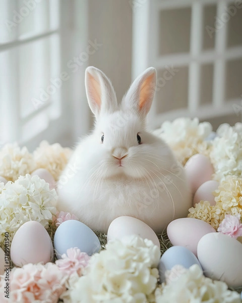 Fototapeta Adorable White Easter Bunny Surrounded by Pastel Easter Eggs and Flowers. A fluffy white bunny resting among pastel Easter eggs and colorful flowers