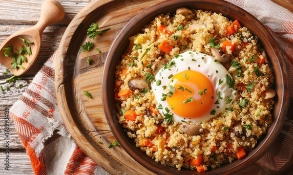 Fototapeta Savory breakfast bowl with egg and rice on rustic wooden tray