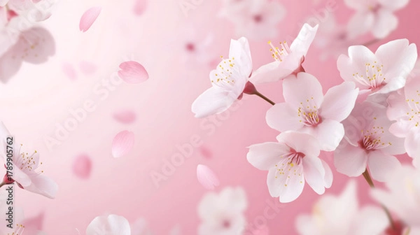 Fototapeta Soft Cherry Blossoms with Falling Petals in a Serene Garden. A tranquil cherry blossom scene with petals floating in a soft breeze.