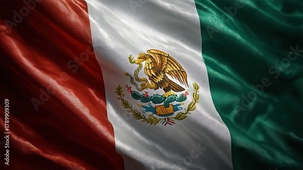 Obraz Mexico flag illustrated with glossy enamel paint across smooth surface. Subtle reflections texture, soft shadows define edges. Background