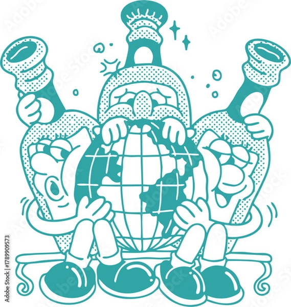 Fototapeta Funny Cartoon Bottle Characters Holding the Earth Globe – Retro Pop Art Vector Illustration