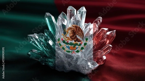 Fototapeta Mexico flag recreated using glowing crystals arranged symmetrically on velvet backdrop. Shadows realistic, composition uncluttered for emphasis. rendering
