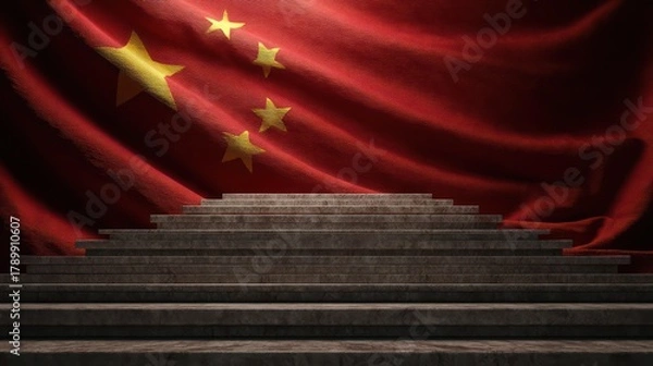 Fototapeta The China flag draped symmetrically across smooth stone steps, evenly lit to natural folds. Golden stars gleam against