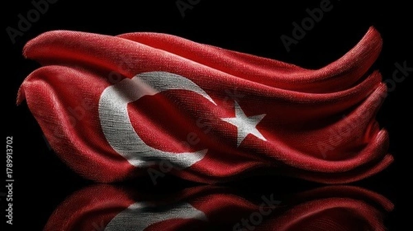 Fototapeta Turkish flag floating horizontally above a glossy reflective black surface, crescent and star centered. Mirror reflection adds depth