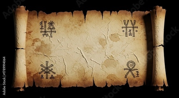 Fototapeta Cracked old wall with ancient markings, vintage archaeological background, aged texture surface from historic ruins.