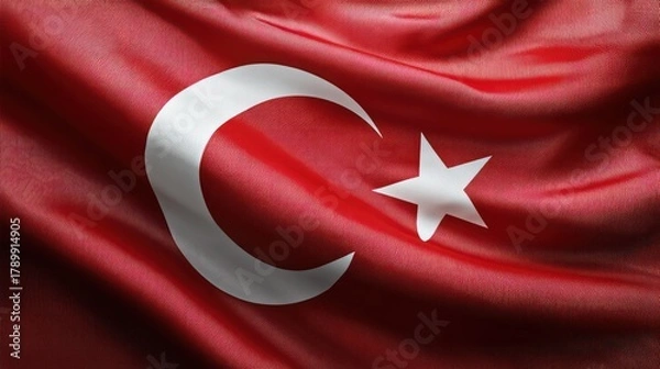 Fototapeta Turkish flag photographed in studio against solid white seamless backdrop, fabric gently curved for dynamic shadows. Crescent and