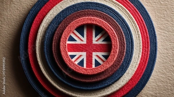 Obraz United Kingdom flag folded into concentric circular pattern, photographed directly above. Fabric shadows naturally radiate, emphasizing dimensional geometry.