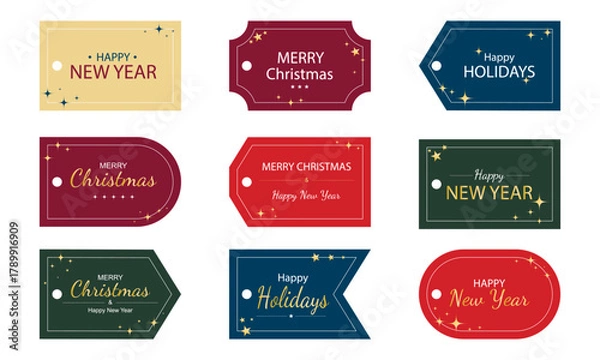 Obraz Set of label templates with greeting text. Tags with gold glitter, sparkles and stars. Happy New Year, Happy Christmas, Happy Holidays labels, vector elements