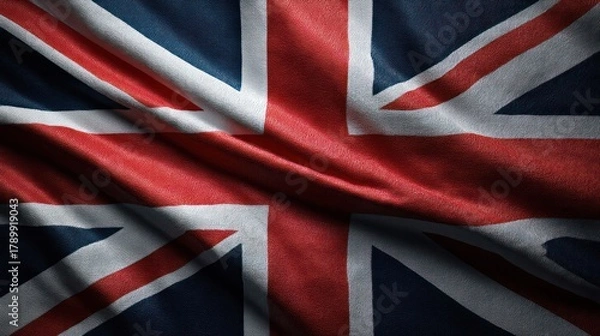 Fototapeta United Kingdom flag stretched tightly across frame, photographed symmetrically with crisp edges and sharp lines. Lighting evenly distributed,