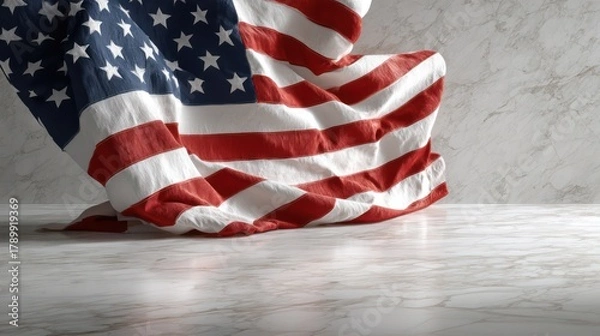 Fototapeta United States flag floating above polished marble floor, reflection crisp. Fabric folds ultra-detailed, stitching sharp, colors natural. Shadows