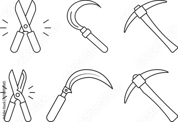 Fototapeta Minimalist Gardening and Mining Tools Line Icon Set