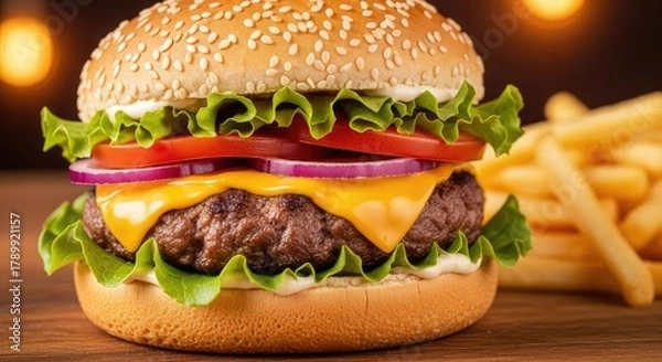 Obraz Mouthwatering double cheeseburger ready to enjoy