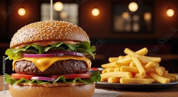 Obraz Juicy beef burger stacked with cheese, lettuce, and onions