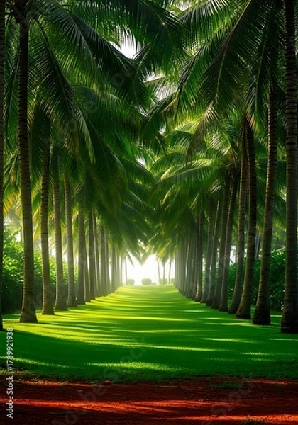Obraz Photo of palm tree lined path leading to the beach with green grass and bright sunlight