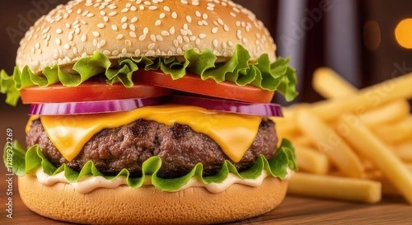 Obraz Gourmet burger with melted cheese and crunchy fries