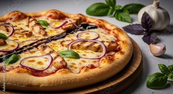 Obraz Freshly Baked Chicken Pizza with Basil and Onions