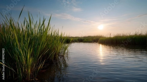 Obraz Tranquil marsh landscape at sunset with tall green reeds and a reflective golden water surface