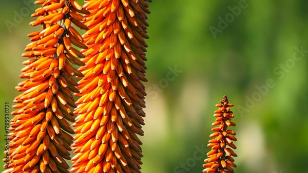 Obraz Close-up of Aloe inflorescences. These orange flowers are packed with nectar which attract a variety of animals (sunbirds, insectivorous birds, bees, insects, monkeys and baboons).