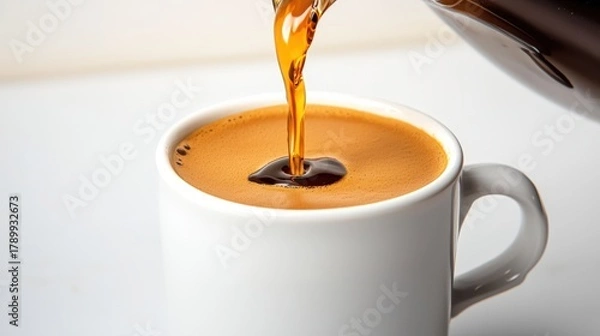 Fototapeta Close-up of freshly brewed hot coffee being poured into a white ceramic mug with rich crema on top, highlighting the smooth flow and warm beverage presentation