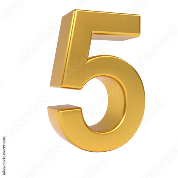 Fototapeta Shiny golden three dimensional number five (5) isolated on a neutral light background