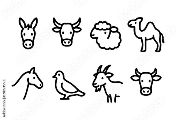 Obraz A set of eight simple line icons depicting various farm animals and a bird. The icons are in black and white with bold outlines, suitable for use in a variety of applications.