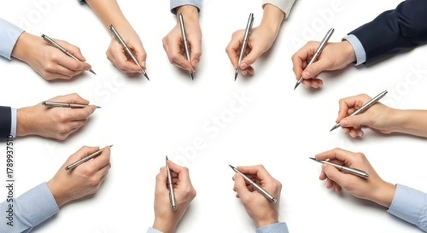 Fototapeta Collection of Diverse Hands Holding Pens ,Writing Concept on White Background with Silver Pens and Soft Lighting