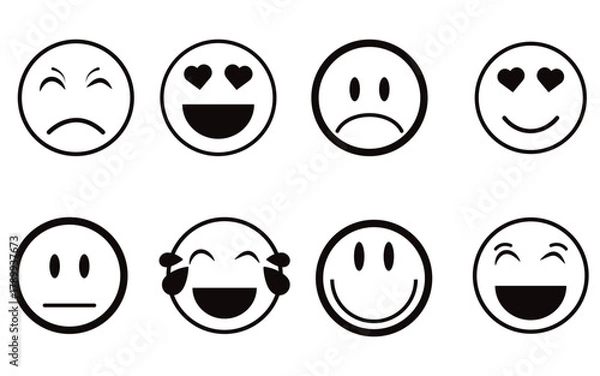 Fototapeta Hand drawn vector happy face emoticons with hearts doodle sketch style cute funny emoji icons positive emotions happiness