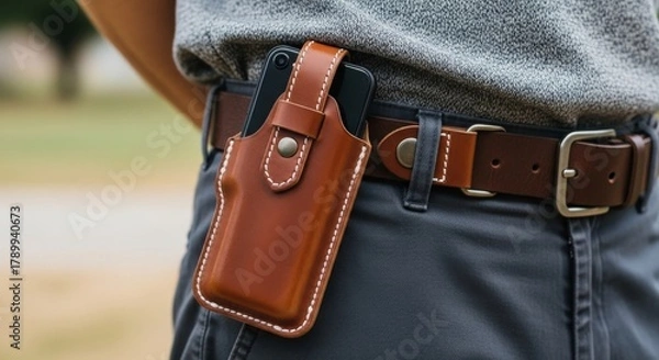 Fototapeta Brown Leather Phone Case with White Stitching on the Belt, An Outdoor Shot Highlighting Craftsmanship and Practical Style