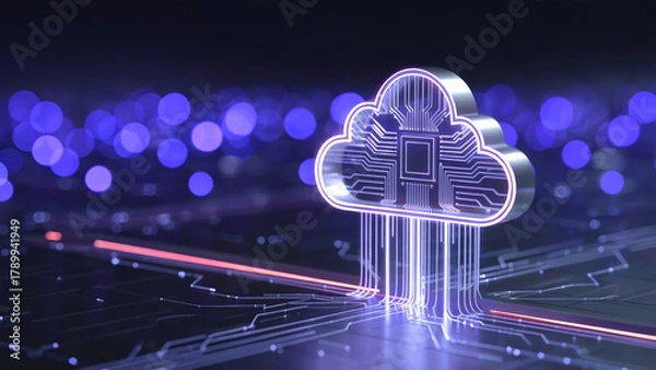 Fototapeta Dynamic cloud computing network glowing against abstract circuit board background for modern tech solutions